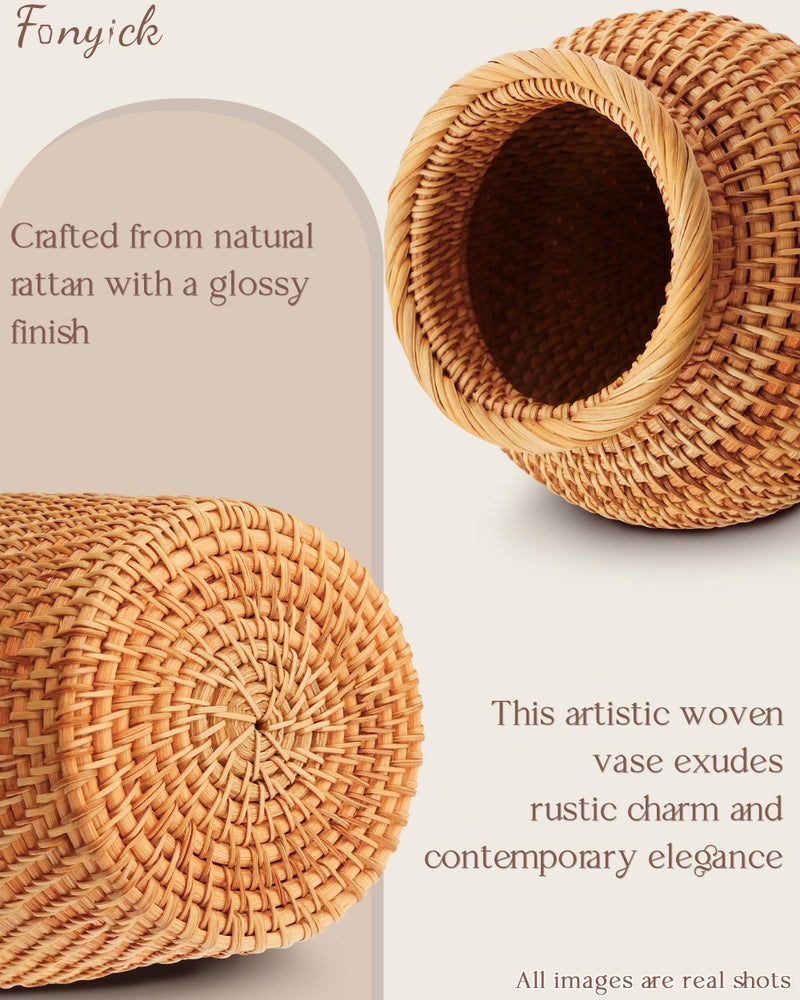 FONYICK Rattan Vase, Small Braided Boho Vases for Pampas Grass & Flower Arrangement, Hand Woven Vases Decor, Rustic Farmhouse Round Wicker Vase Basket for Centerpieces,6" D x 8" H, Brown - Image 4