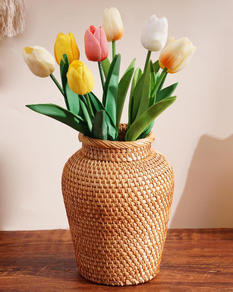 FONYICK Rattan Vase, Small Braided Boho Vases for Pampas Grass & Flower Arrangement, Hand Woven Vases Decor, Rustic Farmhouse Round Wicker Vase Basket for Centerpieces,6" D x 8" H, Brown - Image 1