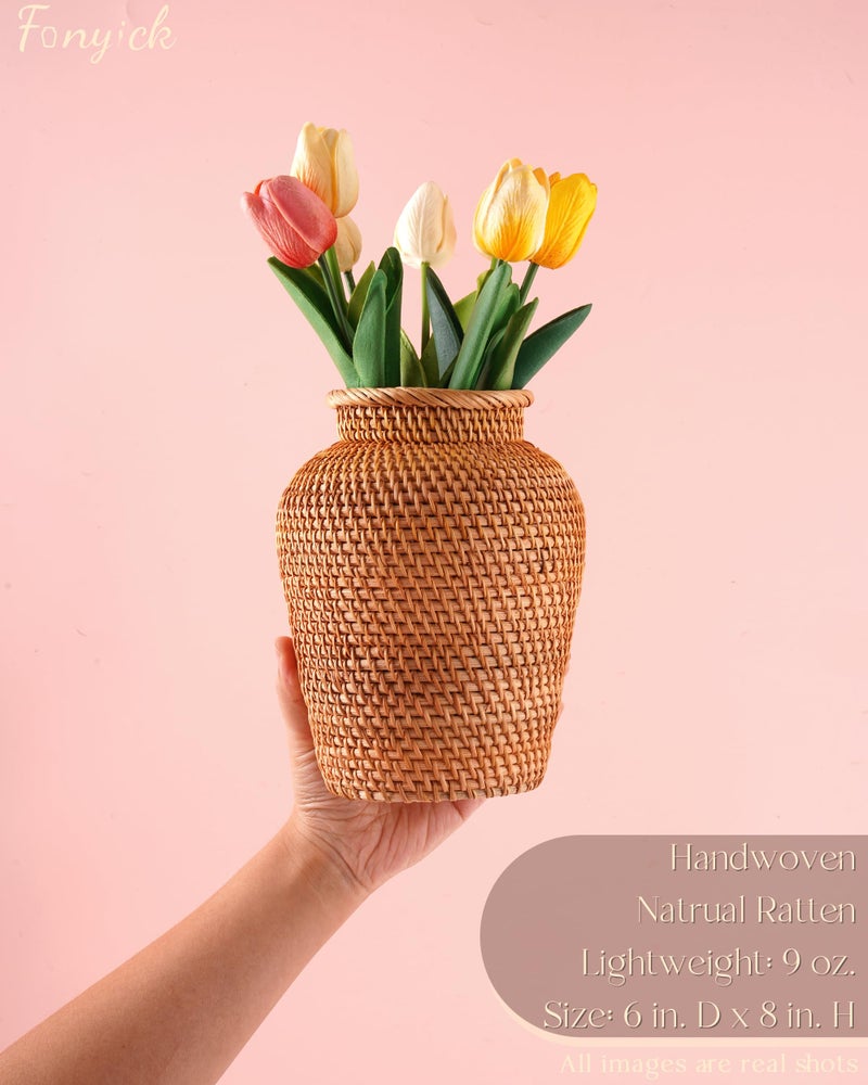 FONYICK Rattan Vase, Small Braided Boho Vases for Pampas Grass & Flower Arrangement, Hand Woven Vases Decor, Rustic Farmhouse Round Wicker Vase Basket for Centerpieces,6" D x 8" H, Brown - Image 2