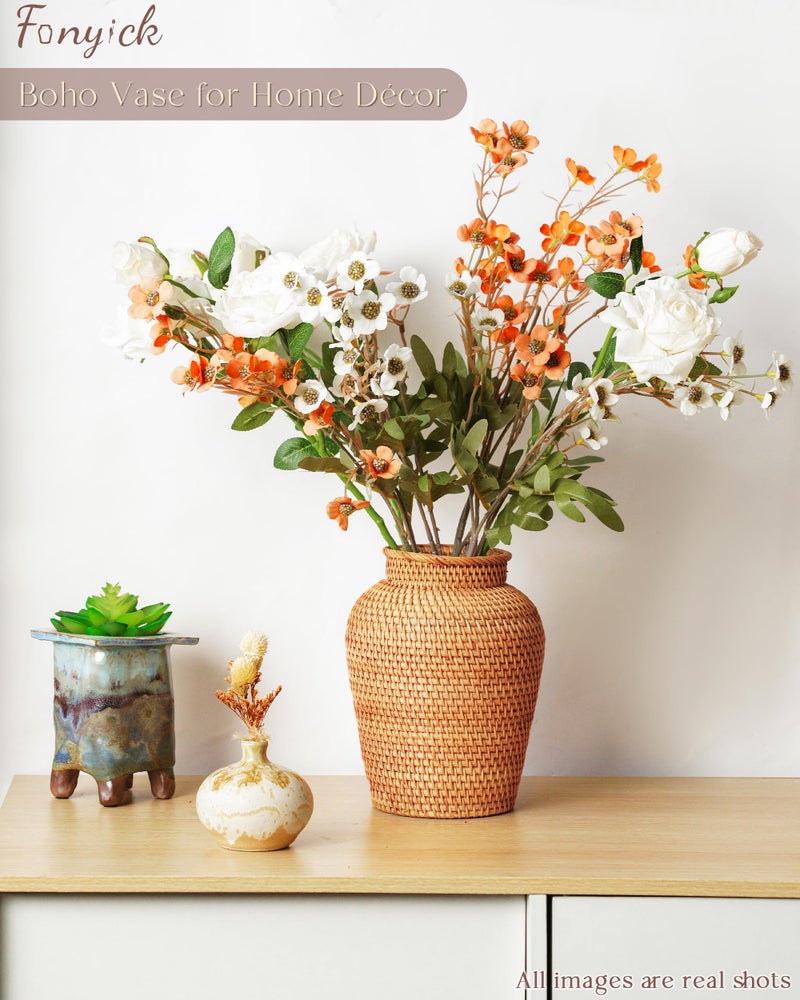 FONYICK Rattan Vase, Small Braided Boho Vases for Pampas Grass & Flower Arrangement, Hand Woven Vases Decor, Rustic Farmhouse Round Wicker Vase Basket for Centerpieces,6" D x 8" H, Brown - Image 3