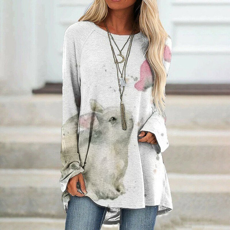 3D Printed Rabbit 2023 New Women'S Clothing Pattern Round Neck Long Sleeve Loose T-Shirt - Image 5