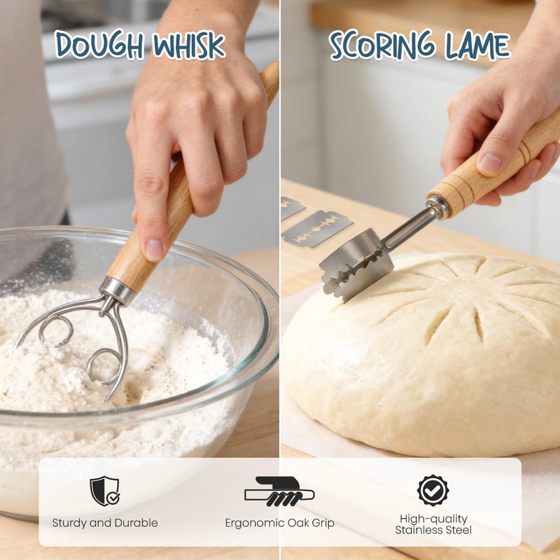 rorecay Bread Banneton Proofing Basket Set of 2, 9 Inch Round & 10 Oval Cane Sourdough Baskets with Lame + Dough Scraper Linen Liner Basting Brush for Making Baking Fermentation - Image 4