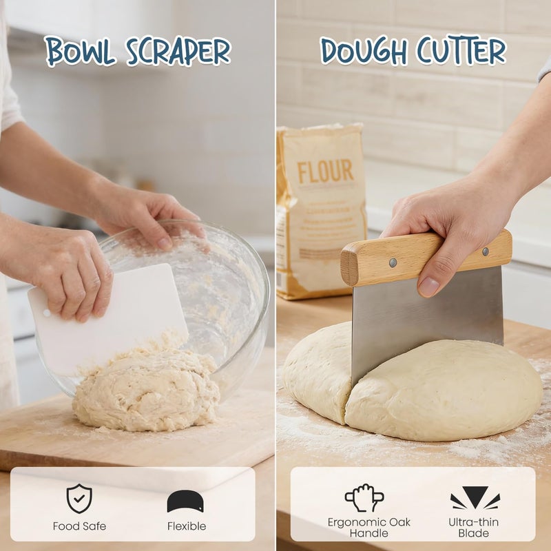 rorecay Bread Banneton Proofing Basket Set of 2, 9 Inch Round & 10 Oval Cane Sourdough Baskets with Lame + Dough Scraper Linen Liner Basting Brush for Making Baking Fermentation - Image 3