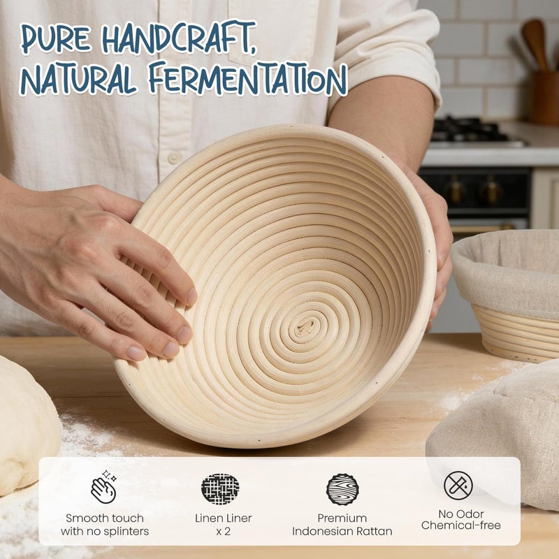 rorecay Bread Banneton Proofing Basket Set of 2, 9 Inch Round & 10 Oval Cane Sourdough Baskets with Lame + Dough Scraper Linen Liner Basting Brush for Making Baking Fermentation - Image 2