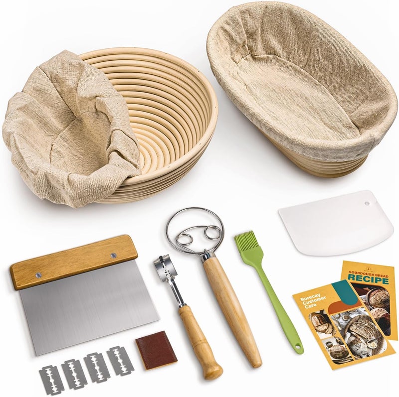 rorecay Bread Banneton Proofing Basket Set of 2, 9 Inch Round & 10 Oval Cane Sourdough Baskets with Lame + Dough Scraper Linen Liner Basting Brush for Making Baking Fermentation - Image 1