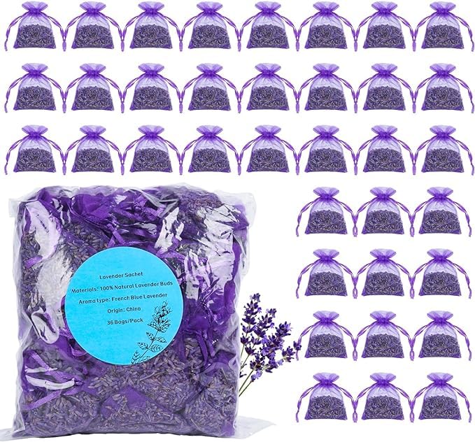 36 Pack Lavender sachets 100 Natural Dried Lavender Buds French Lavender Strong Smell Fragrance for Drawers Closets Fresh Scents Home
