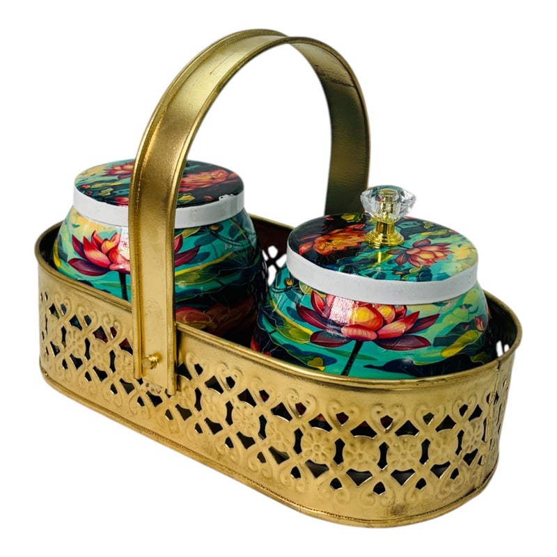COOPTIC Elegant Dual Jar Set with Decorative Golden Basket | Handcrafted Iron Holder Featuring Traditional Art | Ideal for Kitchen Storage, Gifts & Festive Home Décor (Multi-Lotus) - Image 4