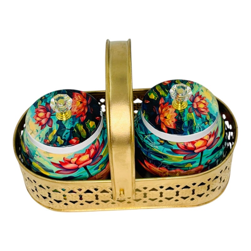 COOPTIC Elegant Dual Jar Set with Decorative Golden Basket | Handcrafted Iron Holder Featuring Traditional Art | Ideal for Kitchen Storage, Gifts & Festive Home Décor (Multi-Lotus) - Image 5