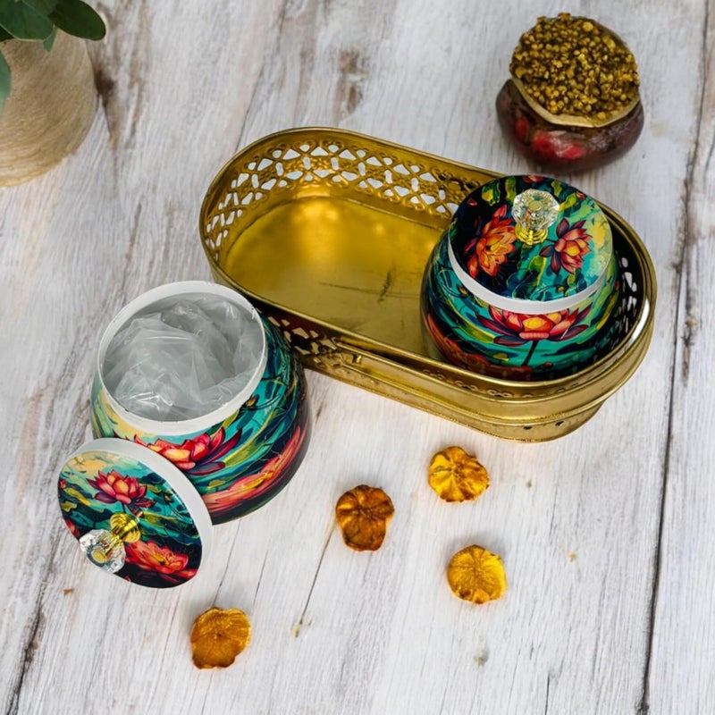 COOPTIC Elegant Dual Jar Set with Decorative Golden Basket | Handcrafted Iron Holder Featuring Traditional Art | Ideal for Kitchen Storage, Gifts & Festive Home Décor (Multi-Lotus) - Image 2