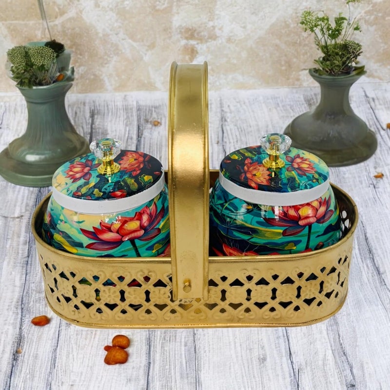 COOPTIC Elegant Dual Jar Set with Decorative Golden Basket | Handcrafted Iron Holder Featuring Traditional Art | Ideal for Kitchen Storage, Gifts & Festive Home Décor (Multi-Lotus) - Image 1