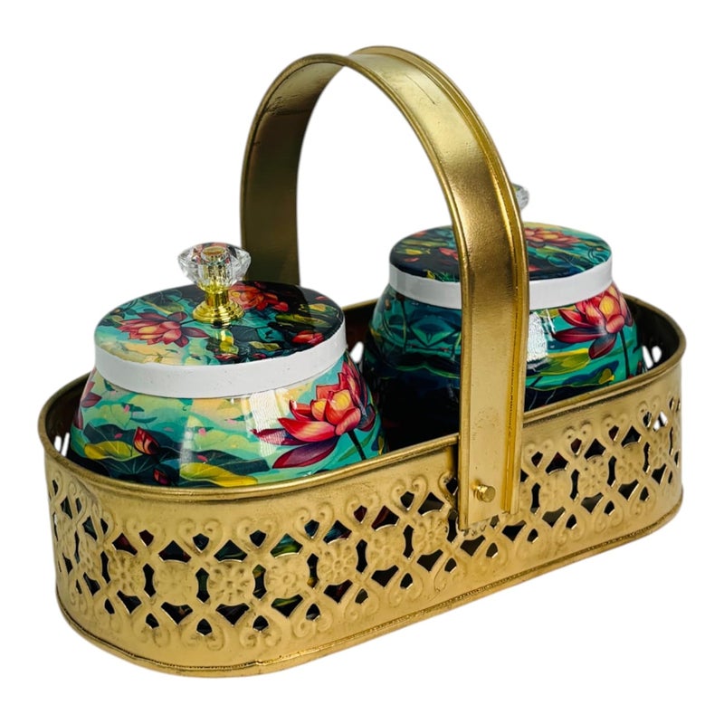 COOPTIC Elegant Dual Jar Set with Decorative Golden Basket | Handcrafted Iron Holder Featuring Traditional Art | Ideal for Kitchen Storage, Gifts & Festive Home Décor (Multi-Lotus) - Image 3