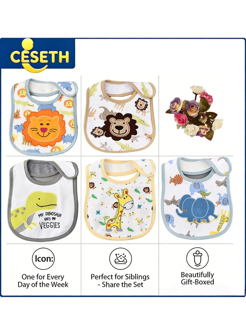 CESETH 5-Piece Animal-Pattern Baby Bib, Soft Cotton Absorbent Bib With Adjustable Fasteners, Reusable Bib Suitable For Infants And Young Children. - Image 1