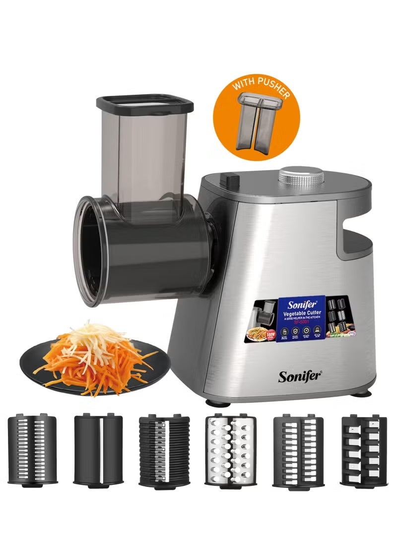 سونفير قاطعة الخضروات الكهربائية سونيفر SF-5031 بقوة 500 واط | جهاز مطبخ متعدد الوظائف 6 في 1 | شفرات فولاذية مقاومة للصدأ 304 للتقطيع والفرم والبشر والطحن | آمنة مع دافع الطعام وقاعدة مانعة للانزلاق | سهلة التنظيف | تصميم أنيق ومعتمد CE - Image 1