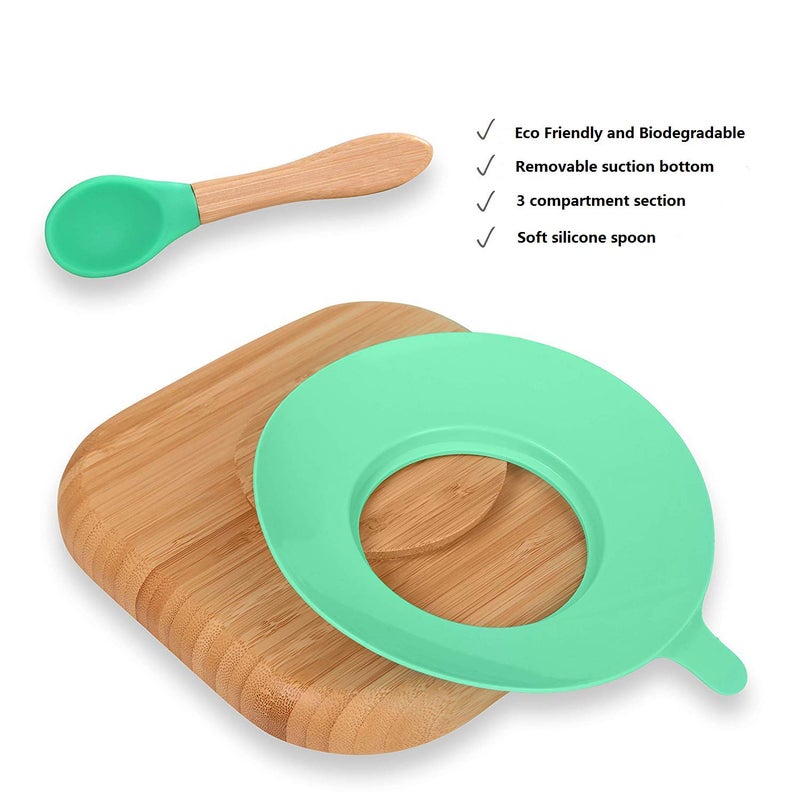 Youkoo kitchen Baby Toddler Stay Put Dish, Kids Suction Plate, Bamboo Cute Tableware (Light green) - Image 2