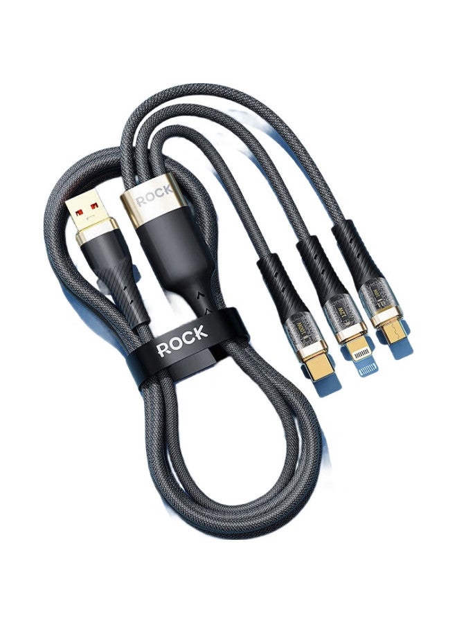 Rock Data Cable Three-In Charging Cable, One-To 100W, For Huawei 6/5A, Apple 16 Pro Max/15/14/13, Honor, Xiaomi, Type-C Android Phones And Tablets - Image 1