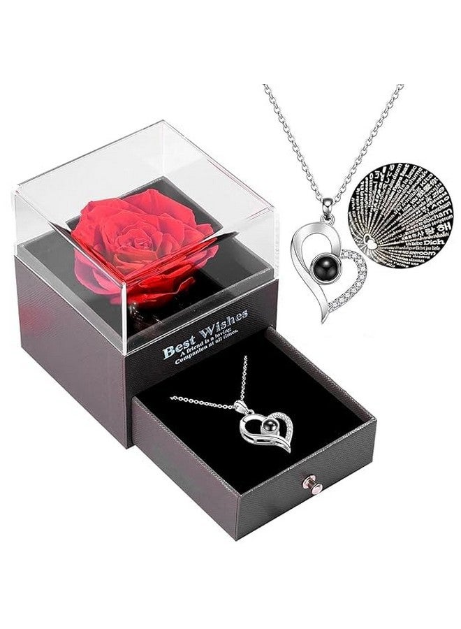 TIED RIBBONS TIED RIBBONS Birthday Gift for Girls Girlfriend Wife Mom Mother Girls Women Friends Anniversary Wedding Valentine Gift Preserved Red Rose Flower Box with I Love You in 100 Languages (Silver Necklace)  - Image 1