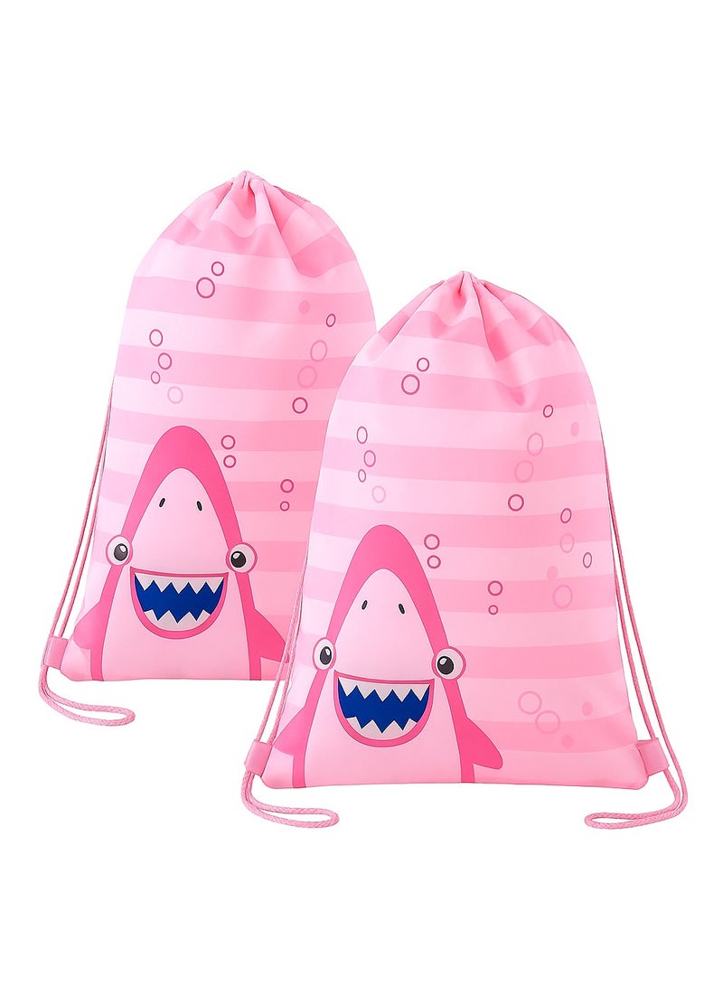 2PCS Kids Shark Drawstring Backpack â€“ Waterproof Swim Bag 42Ã—33cm Lightweight Polyethylene Sports Bag for Boys Girls, Beach, Pool, Travel, Toiletries, School, Parties Pink - Image 1