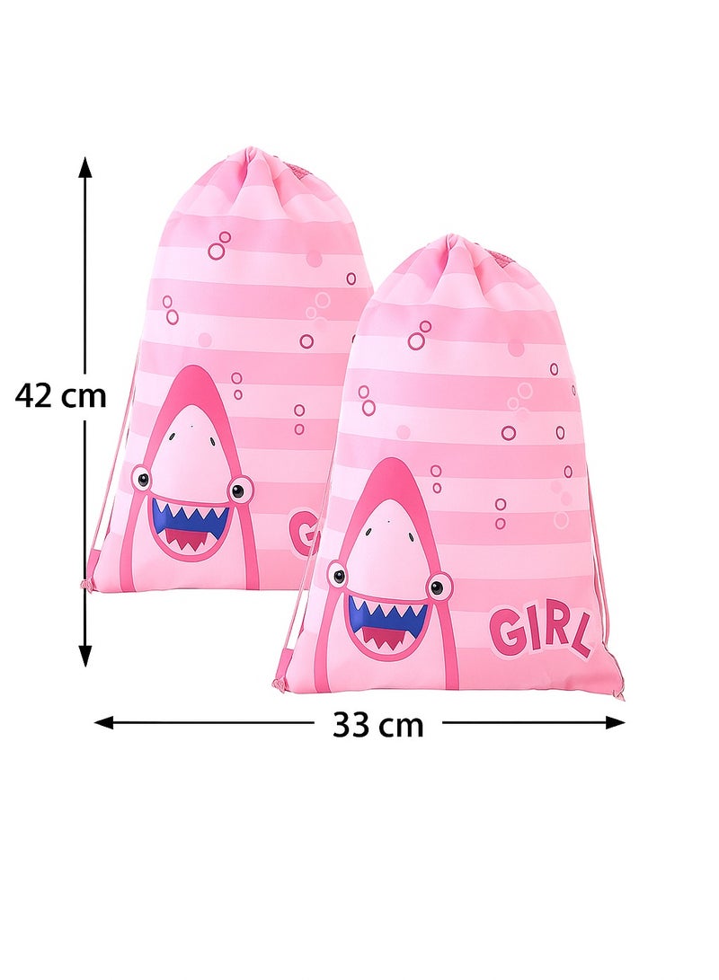 2PCS Kids Shark Drawstring Backpack â€“ Waterproof Swim Bag 42Ã—33cm Lightweight Polyethylene Sports Bag for Boys Girls, Beach, Pool, Travel, Toiletries, School, Parties Pink - Image 2