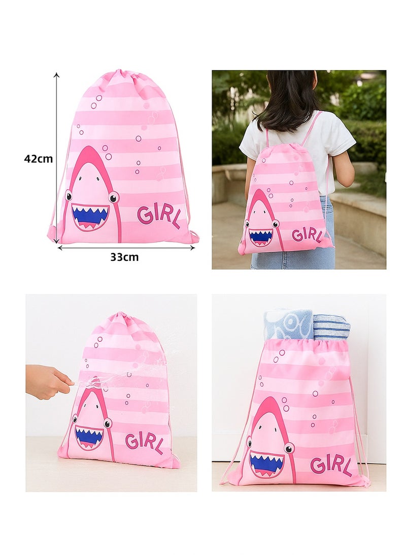 2PCS Kids Shark Drawstring Backpack â€“ Waterproof Swim Bag 42Ã—33cm Lightweight Polyethylene Sports Bag for Boys Girls, Beach, Pool, Travel, Toiletries, School, Parties Pink - Image 3