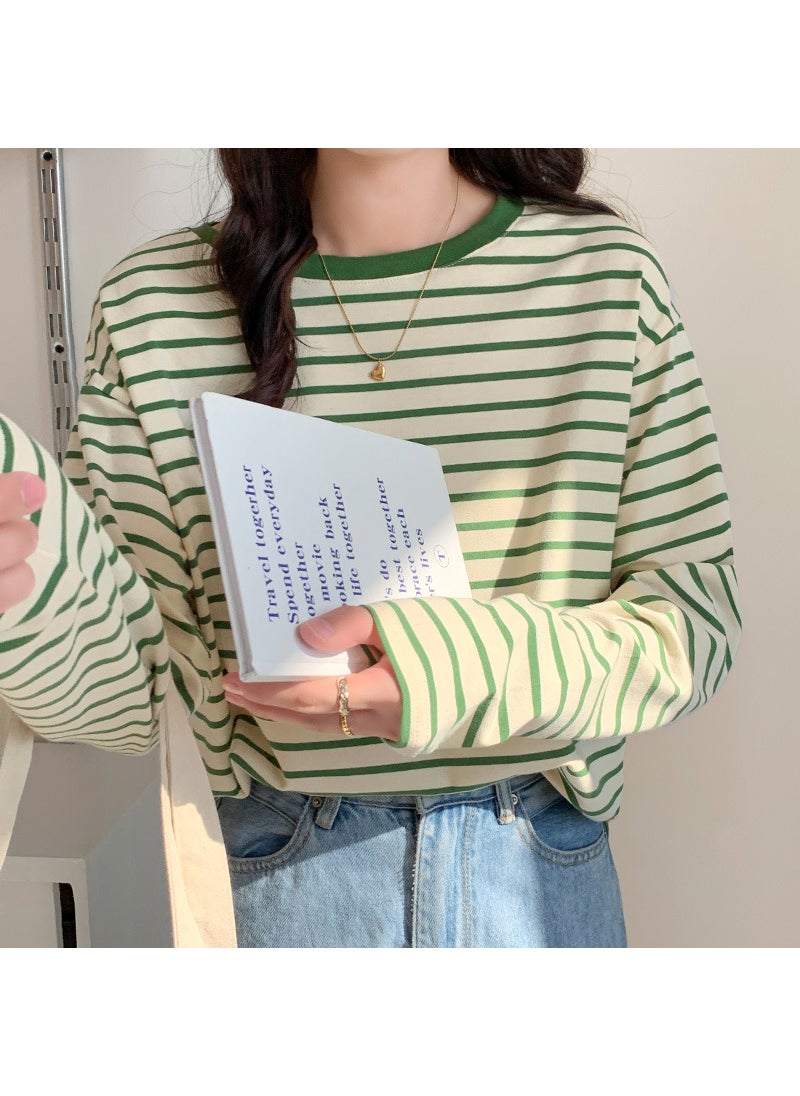 Generic Green Striped Base Layer Top Womens Loose-fit Inner Long Sleeve T-shirt Top New Spring Autumn 2024 Fashion Dress Fruit Green Stripe 