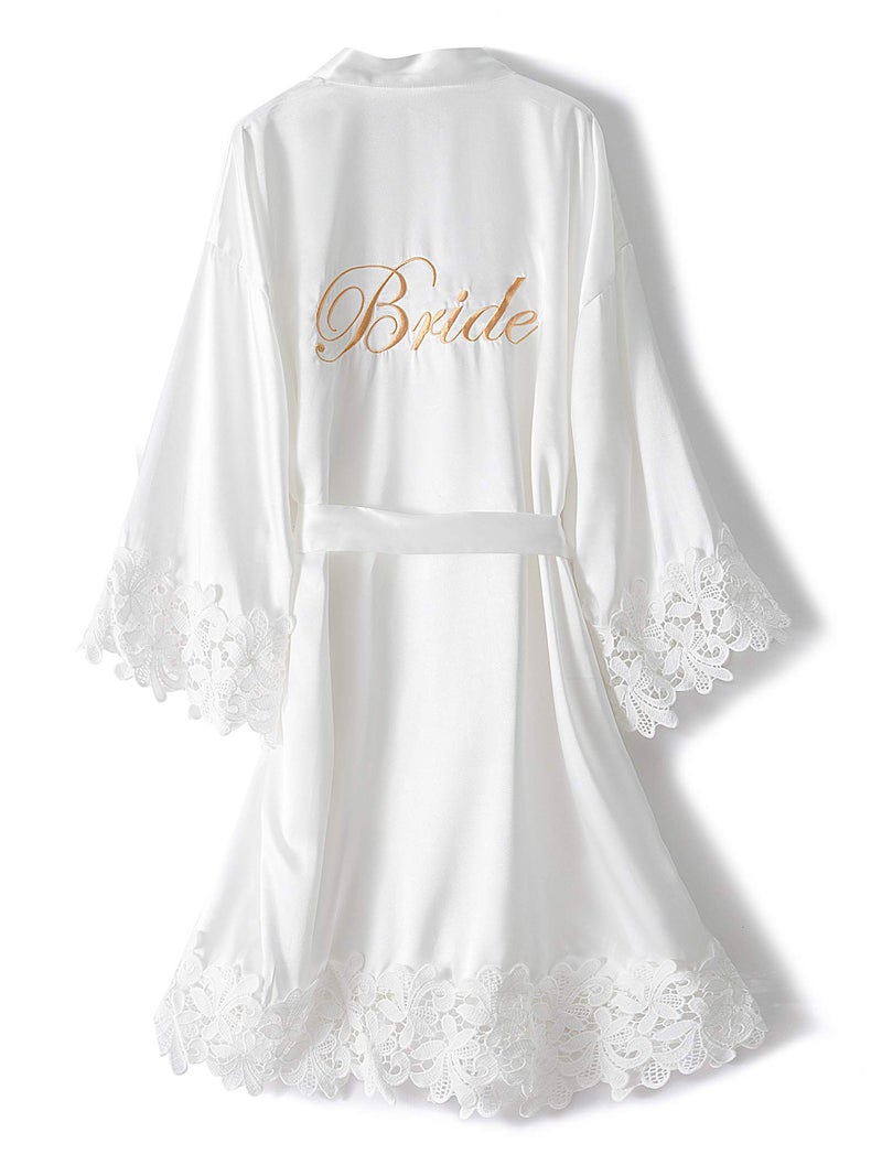 DQSSYTTX DQSSYTTX Bride Robe for Wedding Day Lace Bridal Bathrobe Kimono Robe Embroidery Silky Satin Bathrobe Wedding Party Sleepwear  - Image 1
