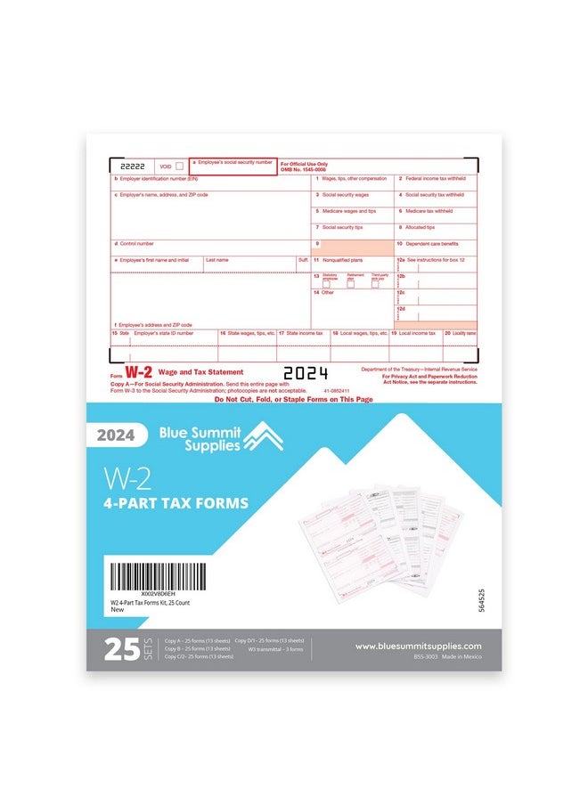 Blue Summit Supplies 2024 W2 4 Part Tax Forms Kit, 25 Employee Kit Of Laser Tax Forms Designed For Quickbooks And Accounting Software  - Image 2