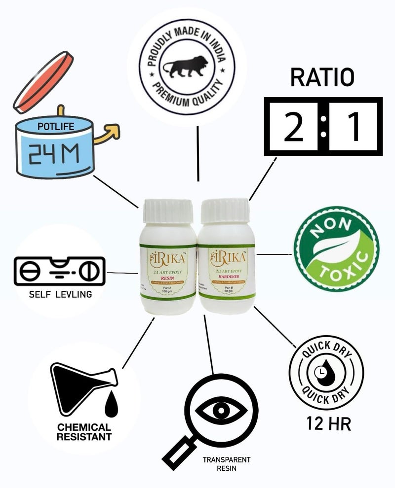 IRIKA non toxic art and craft resin 150 gm (2:1 Ratio) With Pack of 3 opaque pigment (white/pale ble/Black) - Image 4