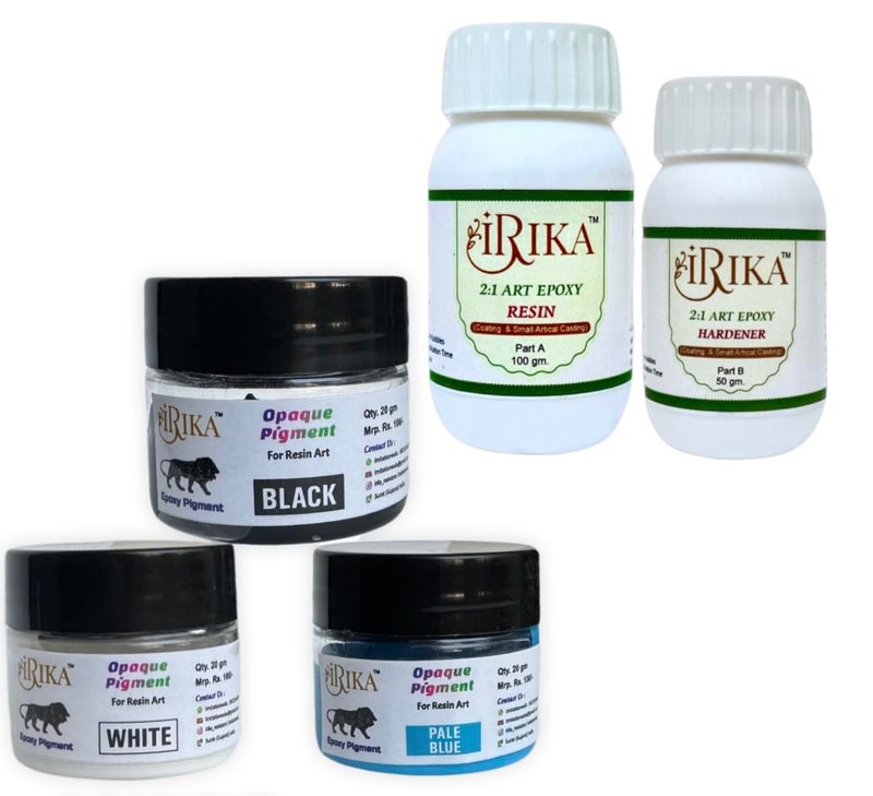 IRIKA non toxic art and craft resin 150 gm (2:1 Ratio) With Pack of 3 opaque pigment (white/pale ble/Black) - Image 1