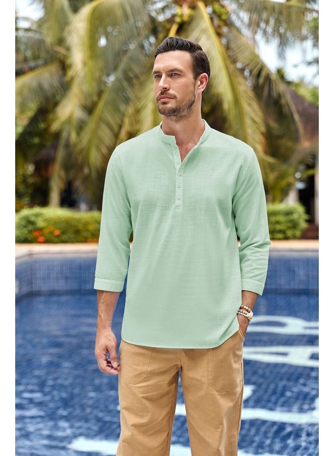 Karlywindow Mens Linen Henley Shirts Long Sleeve Hippie Yoga Summer Beach Casual Henleys T-Shirt, Light Green, XXL - Image 2
