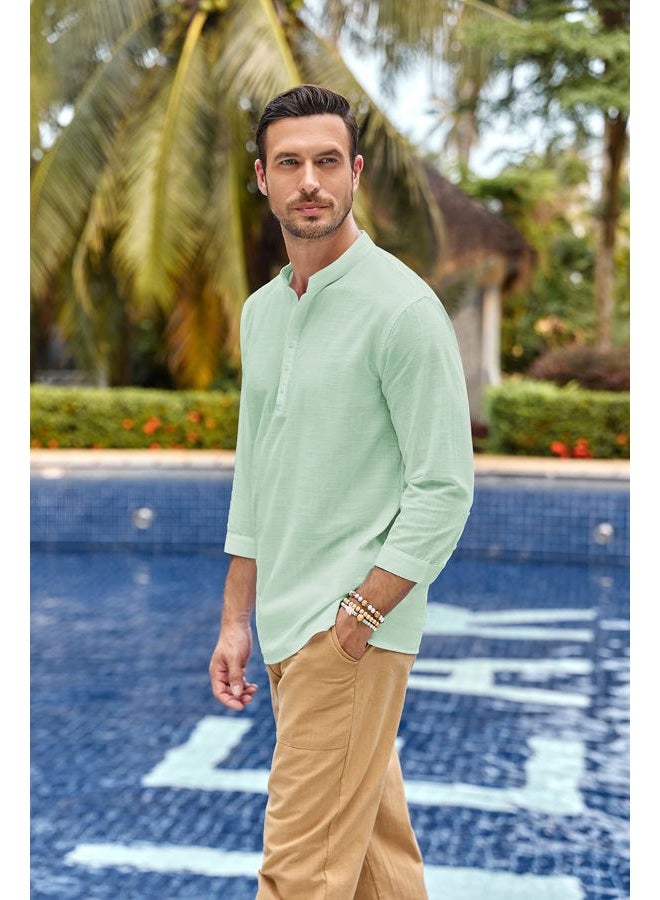 Karlywindow Mens Linen Henley Shirts Long Sleeve Hippie Yoga Summer Beach Casual Henleys T-Shirt, Light Green, XXL - Image 3