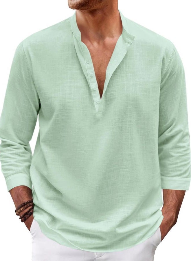 Karlywindow Mens Linen Henley Shirts Long Sleeve Hippie Yoga Summer Beach Casual Henleys T-Shirt, Light Green, XXL - Image 1