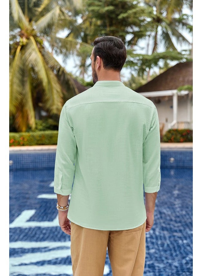 Karlywindow Mens Linen Henley Shirts Long Sleeve Hippie Yoga Summer Beach Casual Henleys T-Shirt, Light Green, XXL - Image 4