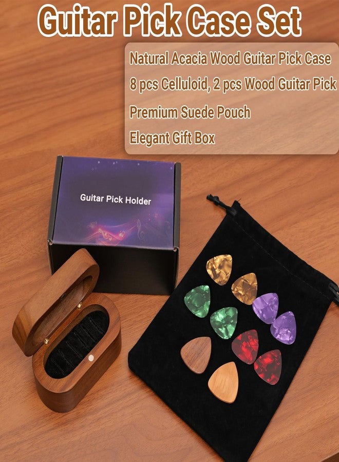 Onmiwod Guitar Pick Holder Set with 2 Color Wood Picks and 8 Celluloid Picks in 3 Thicknesses, Wooden Guitar Pick Case, Mini Jewelry Box, Guitar Music Accessories Gifts for Guitar Lover Player - Image 4