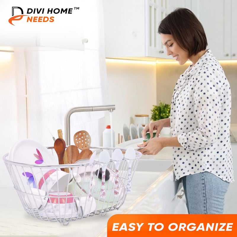 DIVI HOME NEEDS Divi Homes Stainless Steel Kitchen Basket with Spoon Holders Short Sleek and Spacious Dish Rack Organizer Ideal for Storing Plates Bowls Cutlery and Utensils Oval Basket  - Image 2