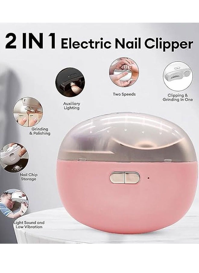 BOUND MOAT - Electric Nail Clipper with Light 2-in-1 Electric Polishing Automatic Nail Clippers Fingernail Cutter and File 2 in 1 Design USB Rechargeable Safety Fingernail Trimmer for Baby, Kids, Seniors and Adult (Pink Color) - Image 1