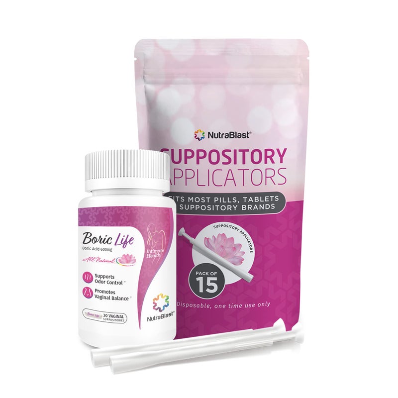 NutraBlast Boric Acid Vaginal Suppositories 600mg Bundle with Applicator, 30 Suppositories & 15 Applicators - Feminine Care - Made in USA - Image 1