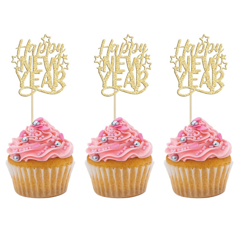 Ephlyn 24Pcs Happy New Year Cupcake Toppers 2025 Gold Glitter Cheers to 2025 Cupcake Pick Decorations for 2025 Happy New Years Eve Party Decoration Supplies - Image 1