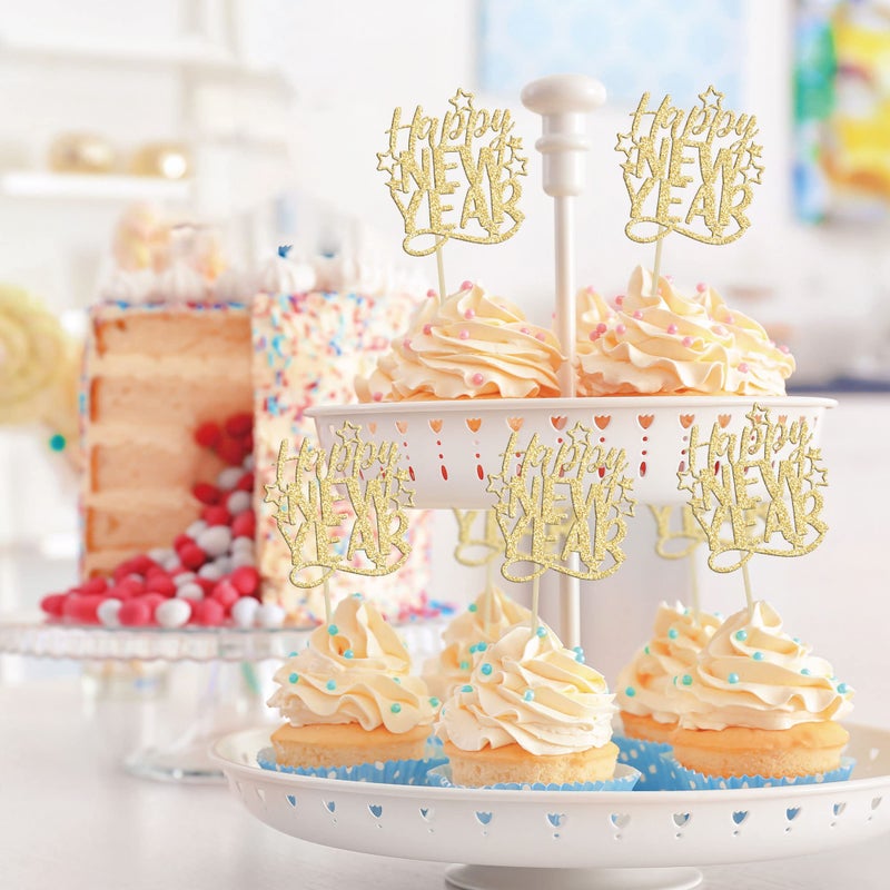 Ephlyn 24Pcs Happy New Year Cupcake Toppers 2025 Gold Glitter Cheers to 2025 Cupcake Pick Decorations for 2025 Happy New Years Eve Party Decoration Supplies - Image 4