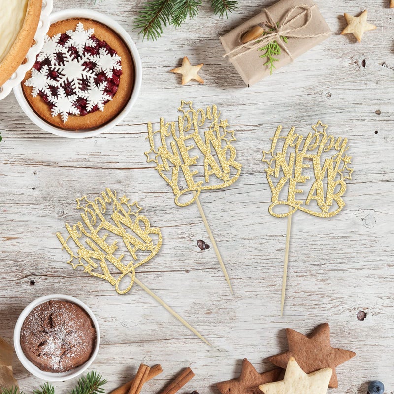Ephlyn 24Pcs Happy New Year Cupcake Toppers 2025 Gold Glitter Cheers to 2025 Cupcake Pick Decorations for 2025 Happy New Years Eve Party Decoration Supplies - Image 3