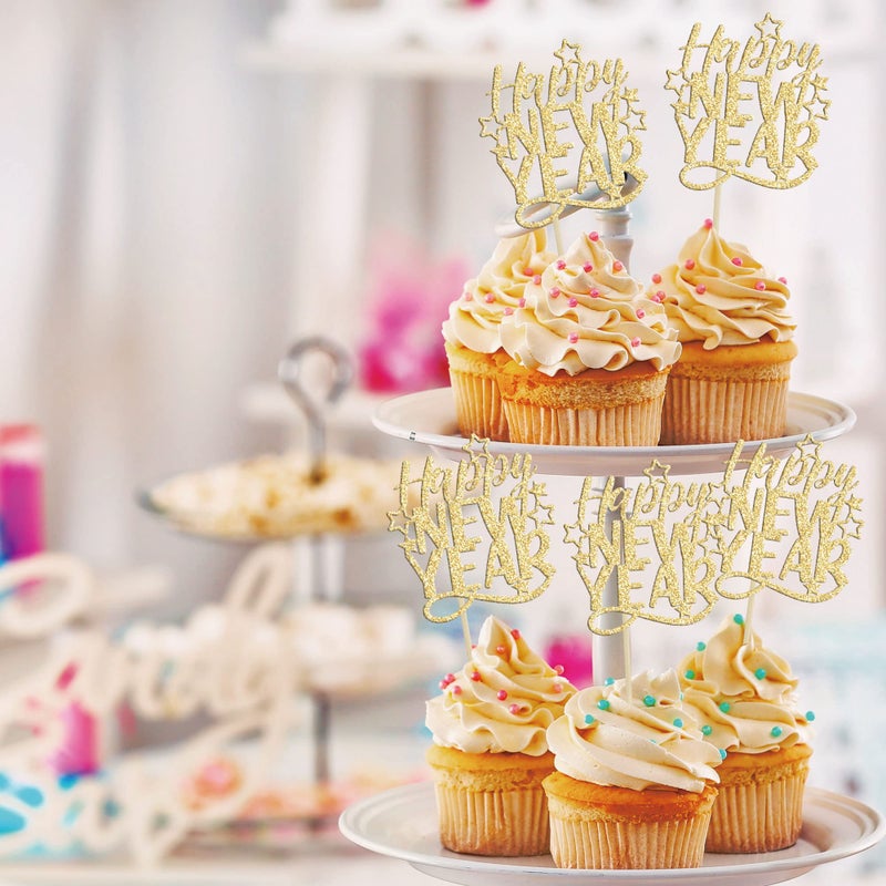 Ephlyn 24Pcs Happy New Year Cupcake Toppers 2025 Gold Glitter Cheers to 2025 Cupcake Pick Decorations for 2025 Happy New Years Eve Party Decoration Supplies - Image 5