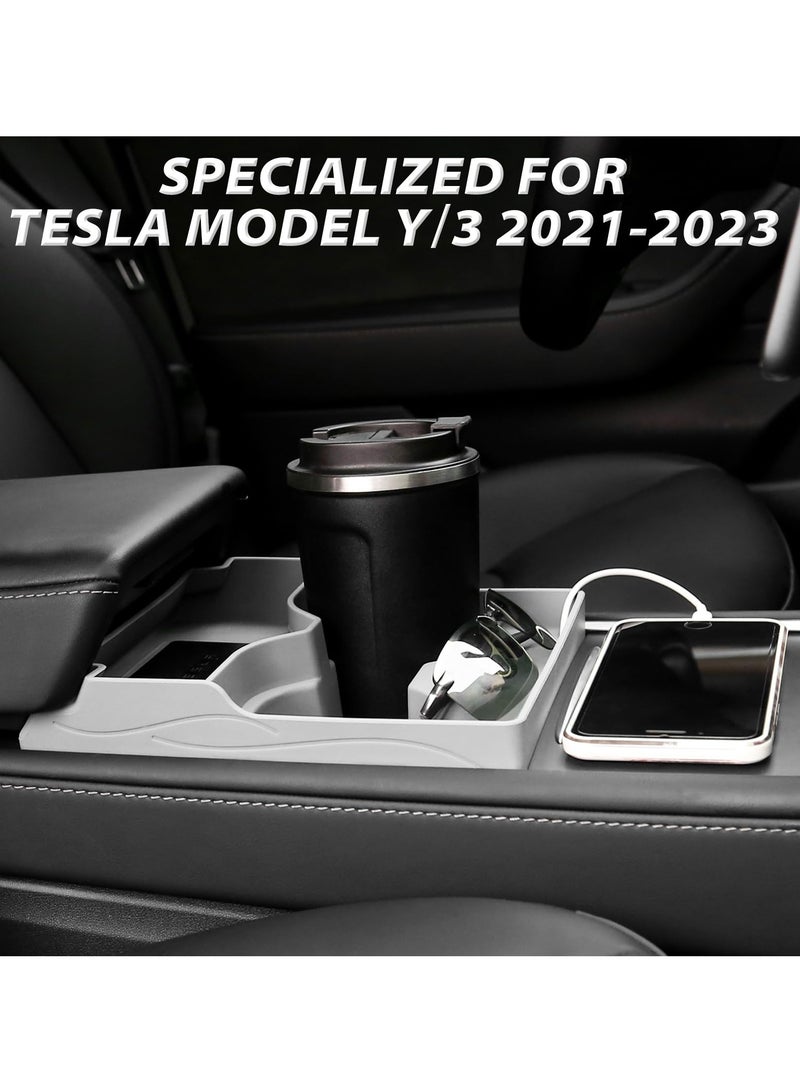 SYOSI منظم وحدة التحكم المركزية | إدخال حامل الأكواب | منظم كابل الشحن - غطاء سيليكون 3 في 1 متوافق مع تسلا موديل 2021 2022 2023 ملحقات منظم (رمادي) - Image 3