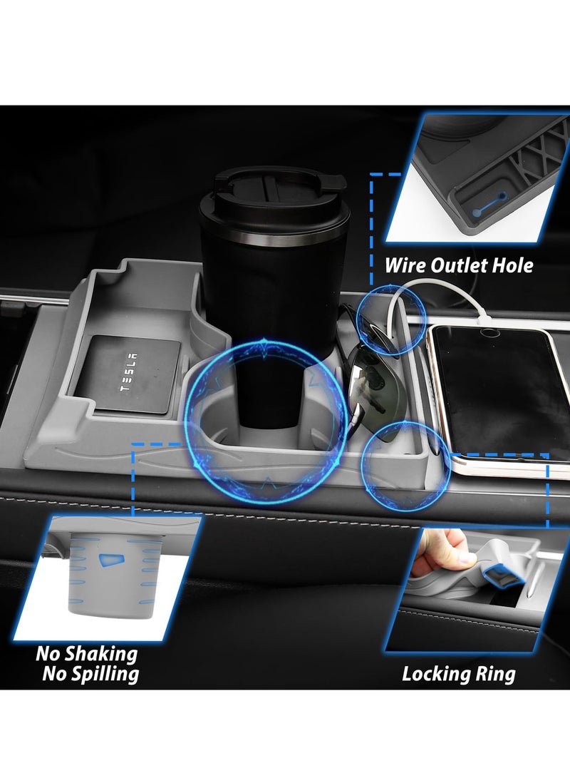 SYOSI منظم وحدة التحكم المركزية | إدخال حامل الأكواب | منظم كابل الشحن - غطاء سيليكون 3 في 1 متوافق مع تسلا موديل 2021 2022 2023 ملحقات منظم (رمادي) - Image 4