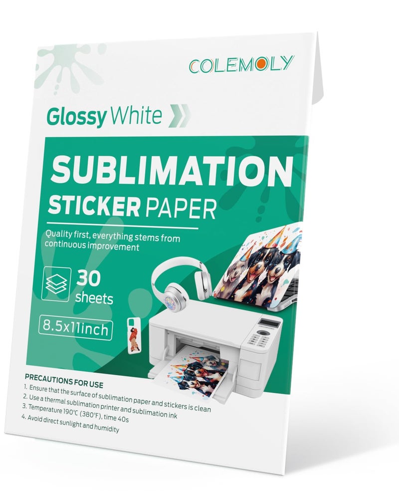 Colemoly Sublimation Sticker Paper-30 Sheets Glossy White Waterproof Stickers for Inkjet Printer 8.5x11 Letter Papers with Sublimation Ink - Image 1