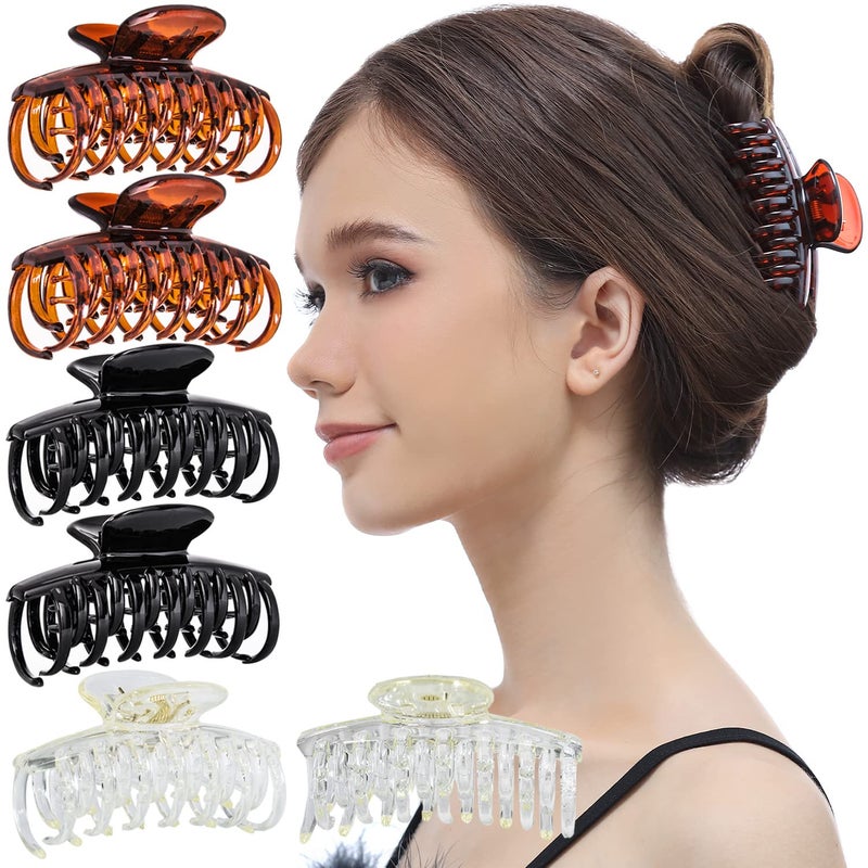 RC ROCHE ORNAMENT 6 Pcs Womens Classic Double Multi Layer Fine Teeth Claws Jaw Interlocking Strong Hold No Slip Firm Grip Hair Clutcher Clamp Beauty Fashion Accessory Medium Clear Brown and Black