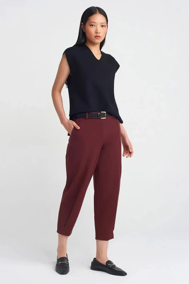 DILVIN Women's Belted Straight-leg Capri Trousers