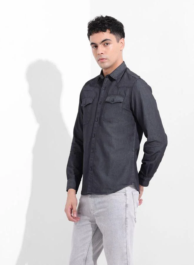 The Indian Garage Co Men Slim Fit Solid Cutaway Collar Full Sleeves Shirt