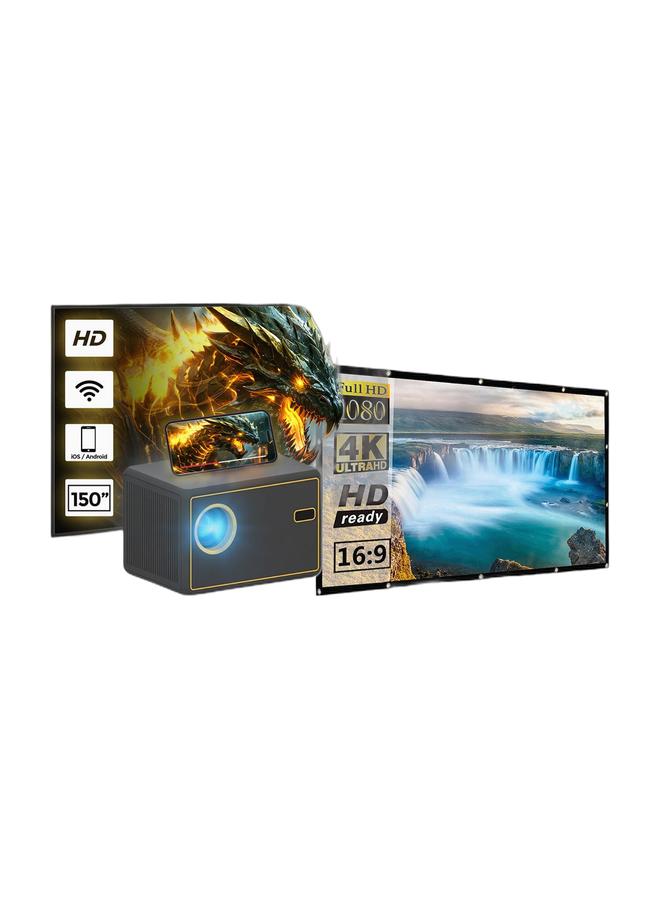 WiFi Portable Projector 150 ANSI Lumens Portable Outdoor Movie Projector with 200" Screen Supported Y7 Wifi Black & 100 Inch Projector Screen 16:9 Foldable 4K Full HD Projection Screen Anti-Crease Portable Projector Movies Screen for Indoor And Outdoor Support Double Sided Projection UNV-WO-SCR-03 WhiteBundle