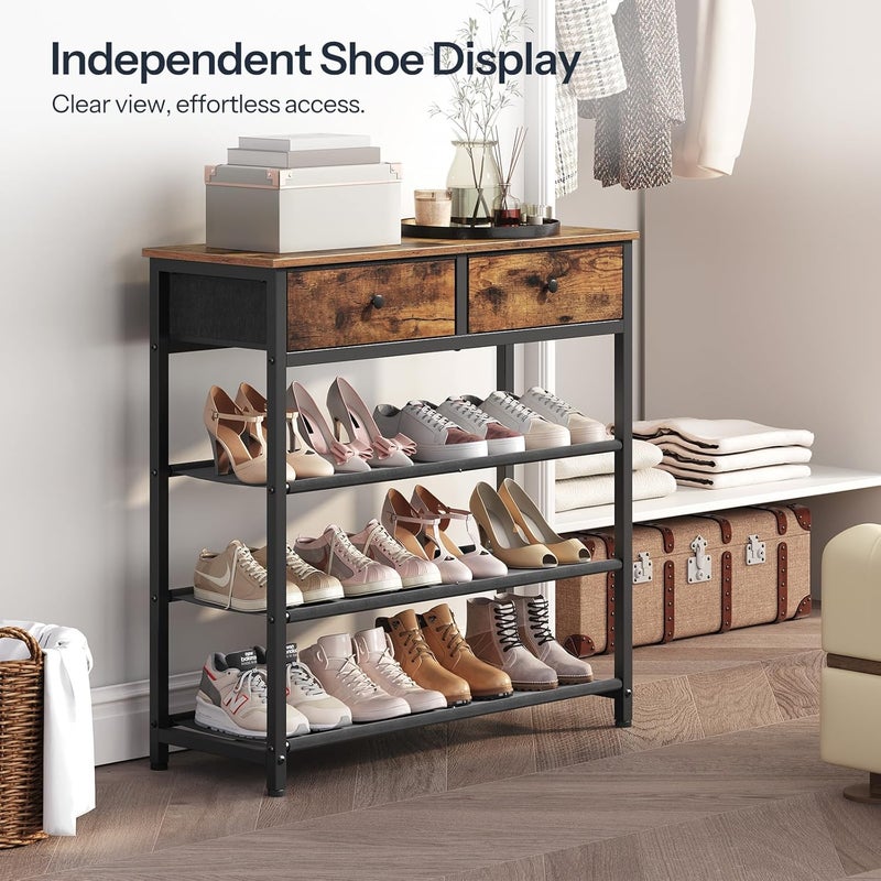 HOOBRO Shoe Rack, 4 Tier Shoe Storage Organizer with 2 Non-Woven Drawers, 9-12 Pairs of Shoes for Entryway, Shoe Shelf with 3 Oxford Fabric Shelves and Wooden Top, Closet, Rustic Brown EBF77XJ01 - Image 5