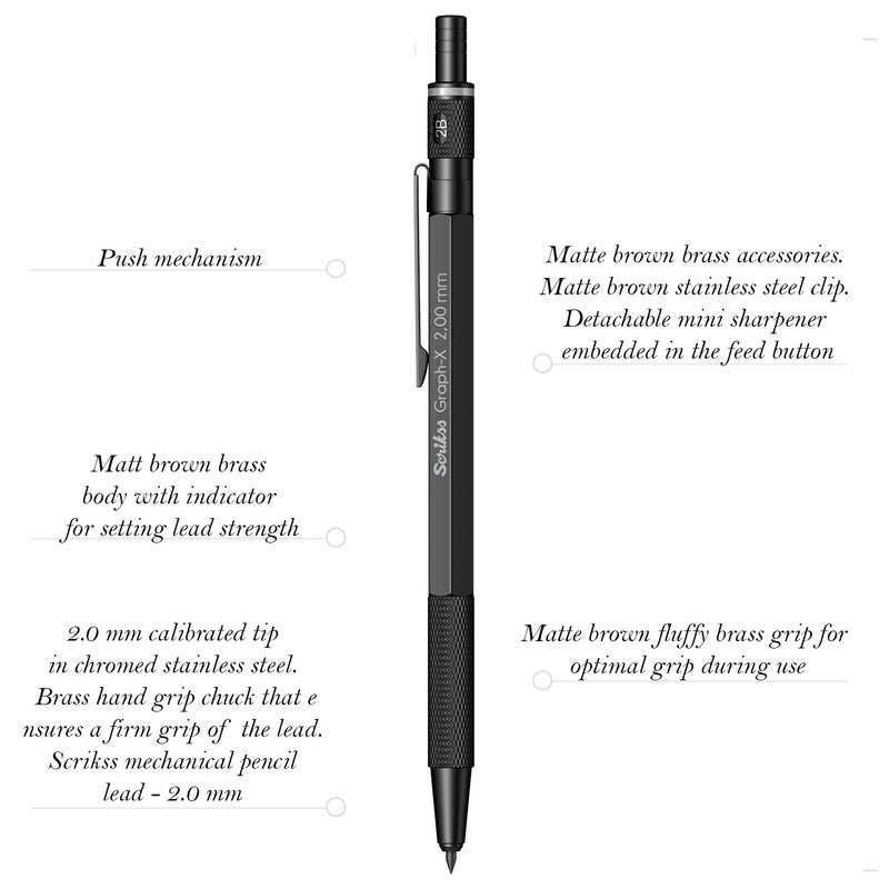 Scrikss 20mm Mechanical Clutch Lead Pen Pencil Matt Black Brass Body Push Mechanism GraphX Series Mini Removable Sharpener - Image 2