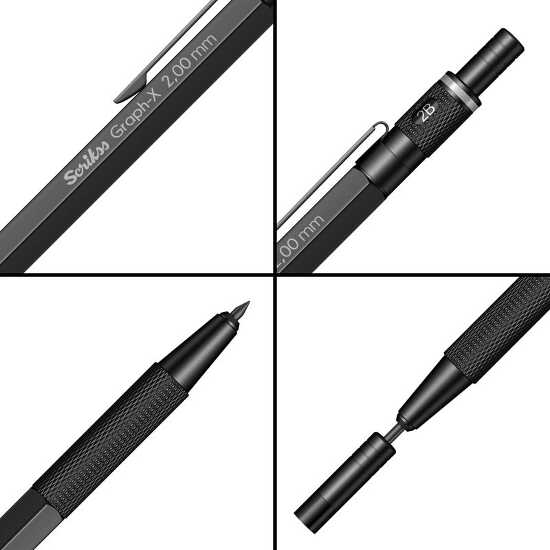 Scrikss 20mm Mechanical Clutch Lead Pen Pencil Matt Black Brass Body Push Mechanism GraphX Series Mini Removable Sharpener - Image 3
